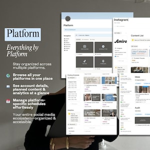 Puede incluir: Interfaz de plataforma digital con la palabra "Platform" en un cuadro azul claro. La interfaz muestra herramientas de gesti&oacute;n de redes sociales, incluyendo Instagram, TikTok y Threads. El texto a la izquierda describe las caracter&iacute;sticas de la plataforma.