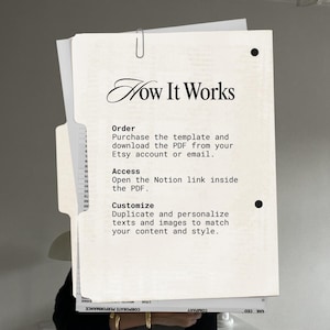 Puede incluir: Un documento color crema con el t&iacute;tulo "How It Works" e instrucciones para descargar una plantilla de Etsy. El documento est&aacute; sujeto con un clip y tiene un punto negro en el lado derecho.