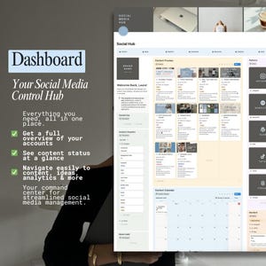 Puede incluir: Una interfaz de panel digital para la gesti&oacute;n de redes sociales, con calendario, vista previa de contenido y instant&aacute;nea de an&aacute;lisis. La interfaz incluye el texto "Dashboard" y "Your Social Media Control Hub."
