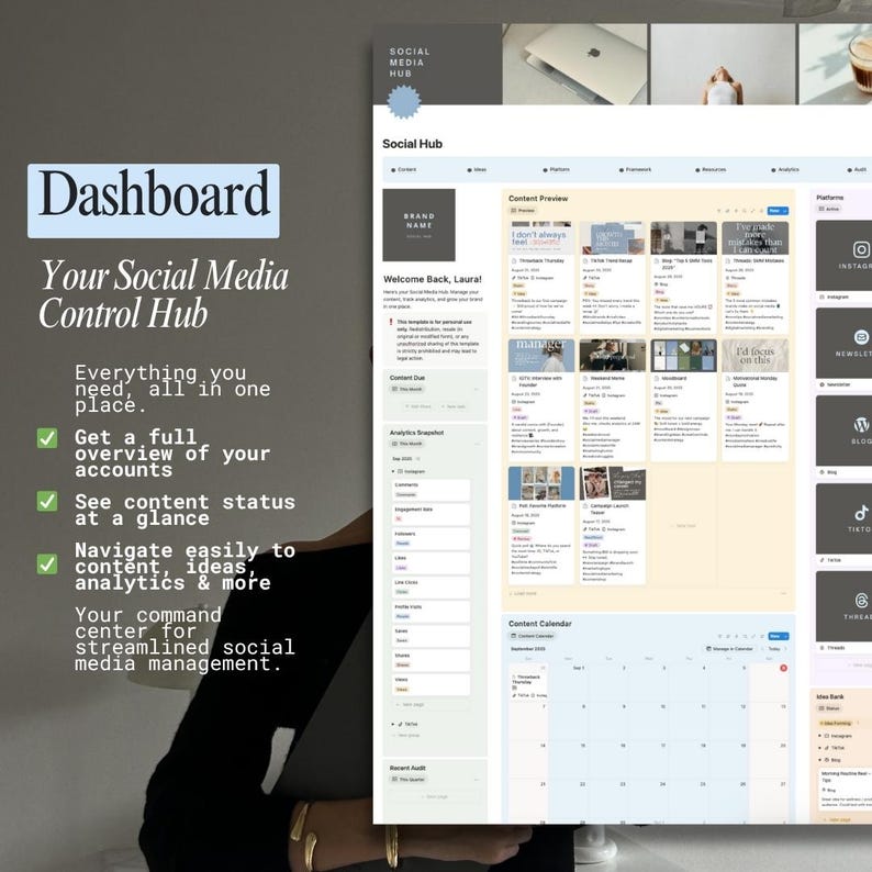 Puede incluir: Una interfaz de panel digital para la gesti&oacute;n de redes sociales, con calendario, vista previa de contenido y instant&aacute;nea de an&aacute;lisis. La interfaz incluye el texto "Dashboard" y "Your Social Media Control Hub."