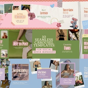 May include: A digital collage featuring social media templates with phrases such as "50K Views in 3 Days" and "Notifications Exploded." The design uses pastel colours, including pink, green, and blue, with floral and photographic elements.