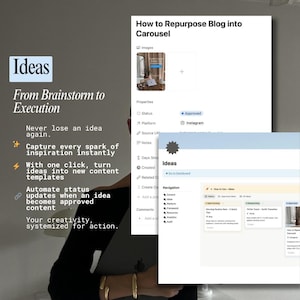 Puede incluir: Imagen de un concepto de marketing digital con la palabra "Ideas" en blanco. La imagen muestra la pantalla de un port&aacute;til con una gu&iacute;a de reutilizaci&oacute;n de contenido y el texto "De la Lluvia de Ideas a la Ejecuci&oacute;n."