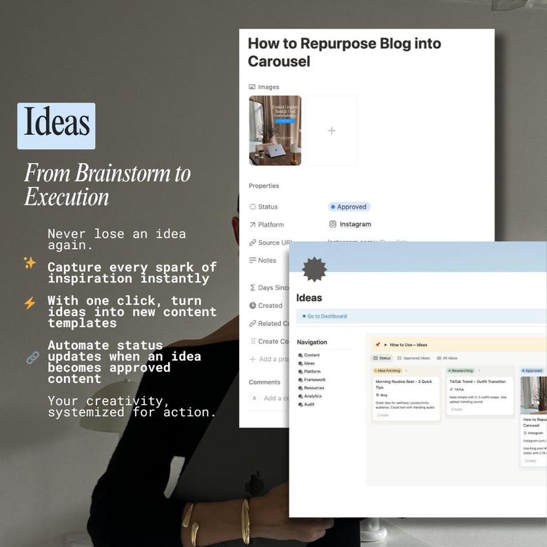 Puede incluir: Imagen de un concepto de marketing digital con la palabra "Ideas" en blanco. La imagen muestra la pantalla de un port&aacute;til con una gu&iacute;a de reutilizaci&oacute;n de contenido y el texto "De la Lluvia de Ideas a la Ejecuci&oacute;n."