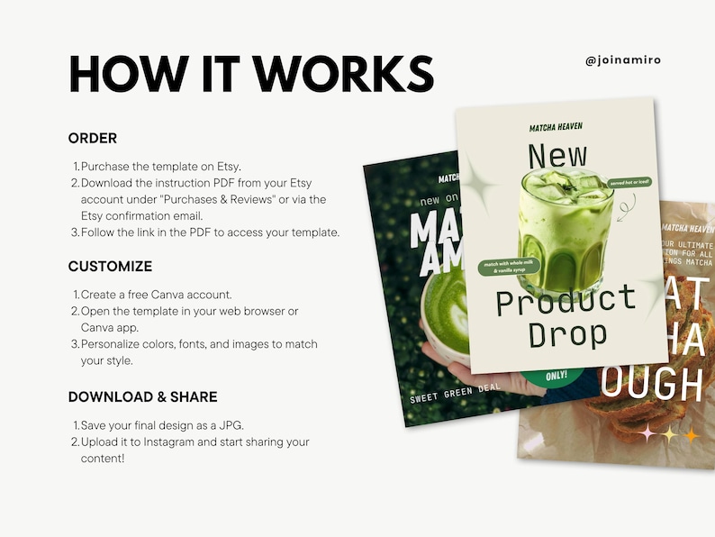 May include: A graphic with the text "HOW IT WORKS" and instructions for ordering, customizing, and sharing a template. The image includes product drop graphics with matcha drinks and toast.