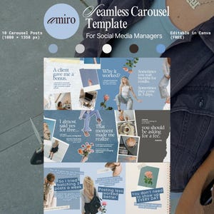 Könnte beinhalten: Eine Social-Media-Vorlage mit einem hellblauen und weißen Design. Die Vorlage enthält den Text "Seamless Carousel Template" und "Editable in Canva (FREE)". Die Vorlage ist für Social-Media-Manager und enthält 10 Carousel-Posts.