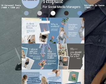 Puede incluir: Una plantilla de redes sociales con un diseño azul claro y blanco. La plantilla incluye el texto "Seamless Carousel Template" y "Editable in Canva (FREE)". La plantilla es para gestores de redes sociales e incluye 10 publicaciones de carrusel.