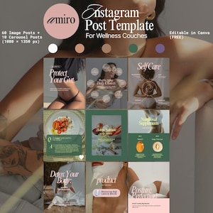以下が含まれることがあります： ウェルネスコーチ向けのInstagram投稿テンプレート。デザインには、単語「amiro」とスクリプトフォントのテキスト「Instagram Post Template」が入ったピンク色の円が含まれています。テンプレートには、「Protect Your Gut」や「Self Care」などのテキストを含む画像が含まれています。