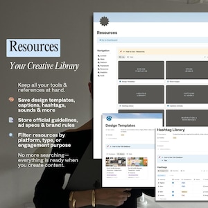 Puede incluir: Una interfaz digital con la palabra "Recursos" en la parte superior. La interfaz incluye secciones para plantillas de dise&ntilde;o, im&aacute;genes de archivo, hashtags y leyendas. El texto del lado izquierdo describe caracter&iacute;sticas como guardar plantillas y filtrar recursos.