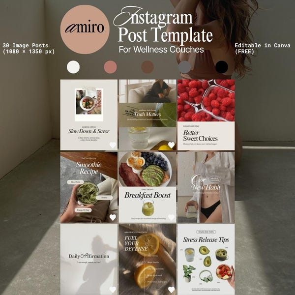 30 Wellness Instagram Post Templates - Health Coach Canva Templates - Mindfulness, Fitness, Self-Care Social Media Posts