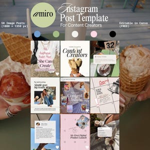 May include: Instagram post template for content creators. The template includes 50 image posts, editable in Canva. The design features a grid layout with various images and text, including "Inspiration Today Sorry She Can Create" and "My First Digital Product Launch."