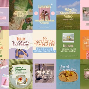 May include: A collage of social media marketing graphics. Titles include "Optimize Your Posts for Social Search", "Launch Instagram Broadcast Channel", and "50 Instagram Templates for Social Media Manager". The color palette is soft, with pinks, greens, and blues.
