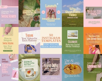 50 plantillas de Instagram - Plantillas para gestores de redes sociales - Publicaciones de Instagram con narración de historias - Imagen de marca en tonos pastel - Kit de Canva para contenido de creadores