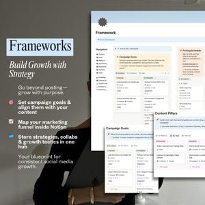Puede incluir: Una captura de pantalla de un port&aacute;til que muestra un marco de marketing digital. La p&aacute;gina web, titulada "Frameworks", presenta objetivos de campa&ntilde;a, pilares de contenido y un calendario de publicaci&oacute;n para el crecimiento en redes sociales.