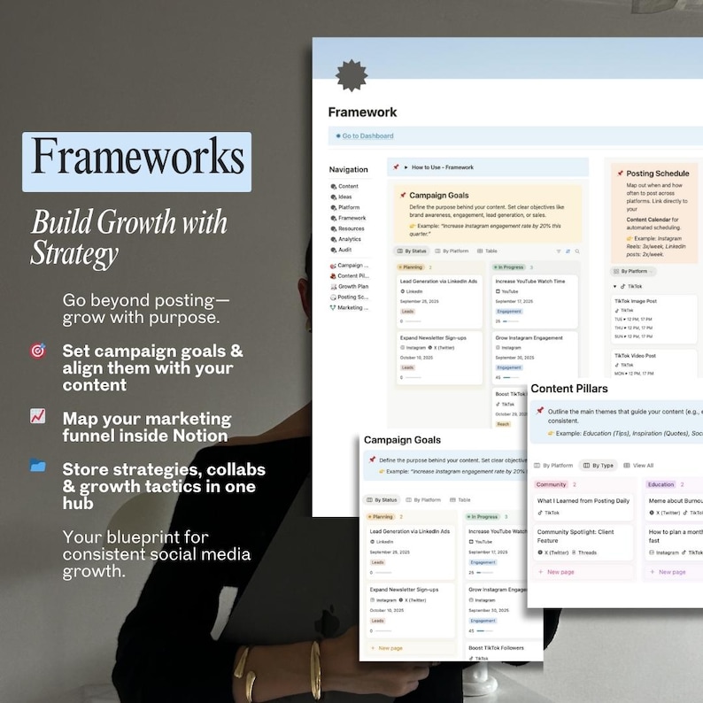 Puede incluir: Una captura de pantalla de un port&aacute;til que muestra un marco de marketing digital. La p&aacute;gina web, titulada "Frameworks", presenta objetivos de campa&ntilde;a, pilares de contenido y un calendario de publicaci&oacute;n para el crecimiento en redes sociales.