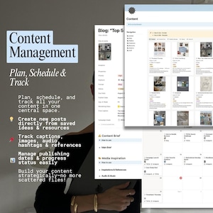 Puede incluir: Interfaz digital de gesti&oacute;n de contenidos con las palabras "Content Management" y "Plan, Schedule & Track". La interfaz incluye una secci&oacute;n de blog, un calendario y res&uacute;menes de contenido.