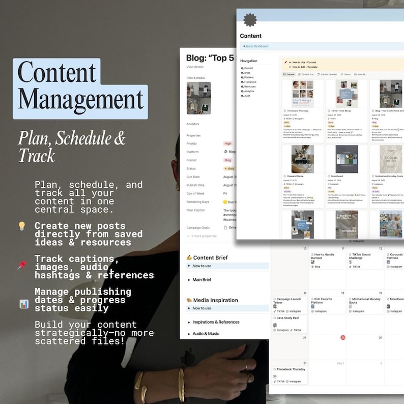 Puede incluir: Interfaz digital de gesti&oacute;n de contenidos con las palabras "Content Management" y "Plan, Schedule & Track". La interfaz incluye una secci&oacute;n de blog, un calendario y res&uacute;menes de contenido.
