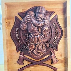 wooden painting. tribute to firefighters