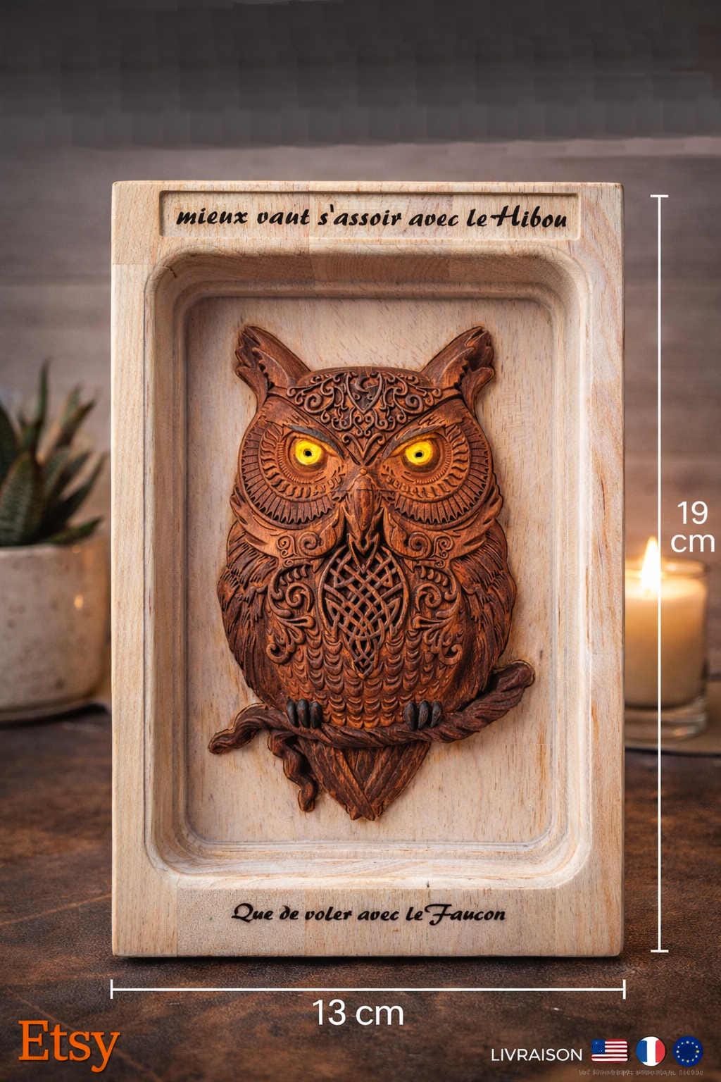 Figurine Chouette En Bois D'Albesia - Sculpture Artisanale Bali Hauteur 20 Cm - Décoration Hibou Noir Marron