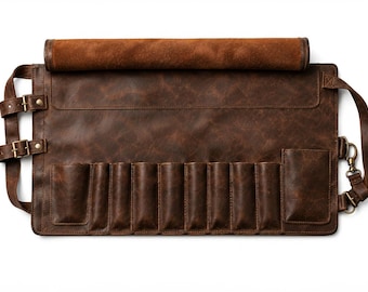 Estuche enrollable de cuero hecho a mano / Estuche de viaje para chef con hebillas de latón