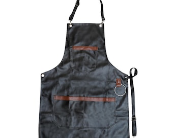 Black Leather Barber Apron: Adjustable, with Pockets