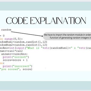 Op de afbeelding: Code-fragment dat uitlegt hoe je het random-module in Python importeert. De code genereert twee willekeurige getallen tussen 1 en 12, vermenigvuldigt ze en vraagt de gebruiker om het antwoord te raden. De score van de gebruiker wordt bijgehouden en aan het einde weergegeven.