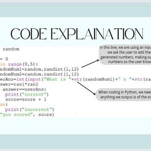 Op de afbeelding: Code-uitleg voor een Python-programma dat de gebruiker vraagt om twee willekeurig gegenereerde getallen op te tellen. Het programma gebruikt de module 'random' om de getallen te genereren en de functie 'input' om het antwoord van de gebruiker te krijgen. Het programma controleert vervolgens of het antwoord van de gebruiker correct is en geeft het resultaat weer.