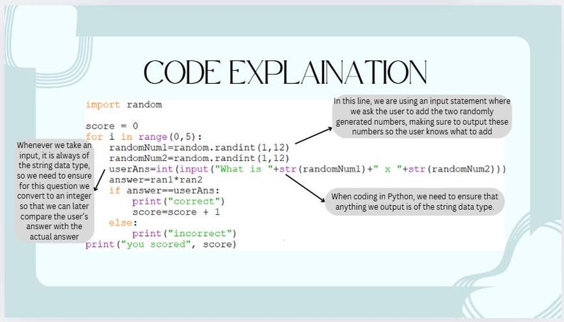 Op de afbeelding: Code-uitleg voor een Python-programma dat de gebruiker vraagt om twee willekeurig gegenereerde getallen op te tellen. Het programma gebruikt de module 'random' om de getallen te genereren en de functie 'input' om het antwoord van de gebruiker te krijgen. Het programma controleert vervolgens of het antwoord van de gebruiker correct is en geeft het resultaat weer.