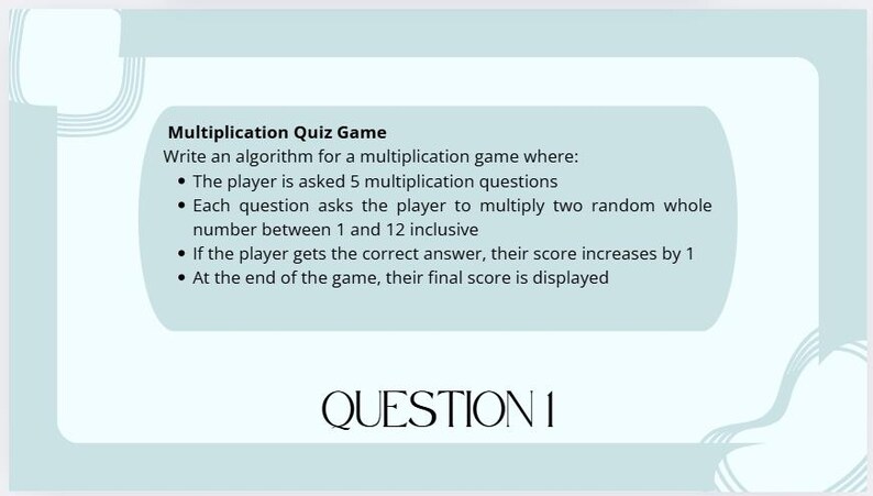 Op de afbeelding: Een lichtblauwe achtergrond met de tekst "Multiplication Quiz Game" en instructies voor een vermenigvuldigingsgame. De tekst "QUESTION 1" wordt weergegeven in groot, vetgedrukt lettertype.