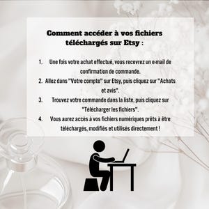 May include: A white background with a black and white illustration of a person sitting at a computer. The text on the image reads: "Comment acc&eacute;der &agrave; vos fichiers t&eacute;l&eacute;charg&eacute;s sur Etsy: 1. Une fois votre achat effectu&eacute;, vous recevrez un e-mail de confirmation de commande. 2. Allez dans "Votre compte" sur Etsy, puis cliquez sur "Achats et avis". 3. Trouvez votre commande dans la liste, puis cliquez sur "T&eacute;l&eacute;charger les fichiers". 4. Vous aurez acc&egrave;s &agrave; vos fichiers num&eacute;riques pr&ecirc;ts &agrave; &ecirc;tre t&eacute;l&eacute;charg&eacute;s, modifi&eacute;s et utilis&eacute;s directement!"