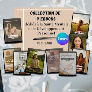 Peut inclure: Collection de neuf ebooks dédiés à la santé mentale et au développement personnel. L'image présente plusieurs tablettes affichant des couvertures d'ebooks avec des titres comme "En Bonne Santé" et "Tous Les Jours". Le logo Canva est également visible.