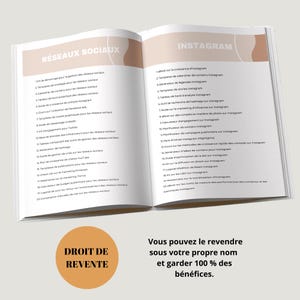 May include: A two-page spread of a guidebook with the title "R&eacute;seaux Sociaux" on the left page and "Instagram" on the right page. The guidebook lists various resources for social media marketing, including templates, checklists, and guides.