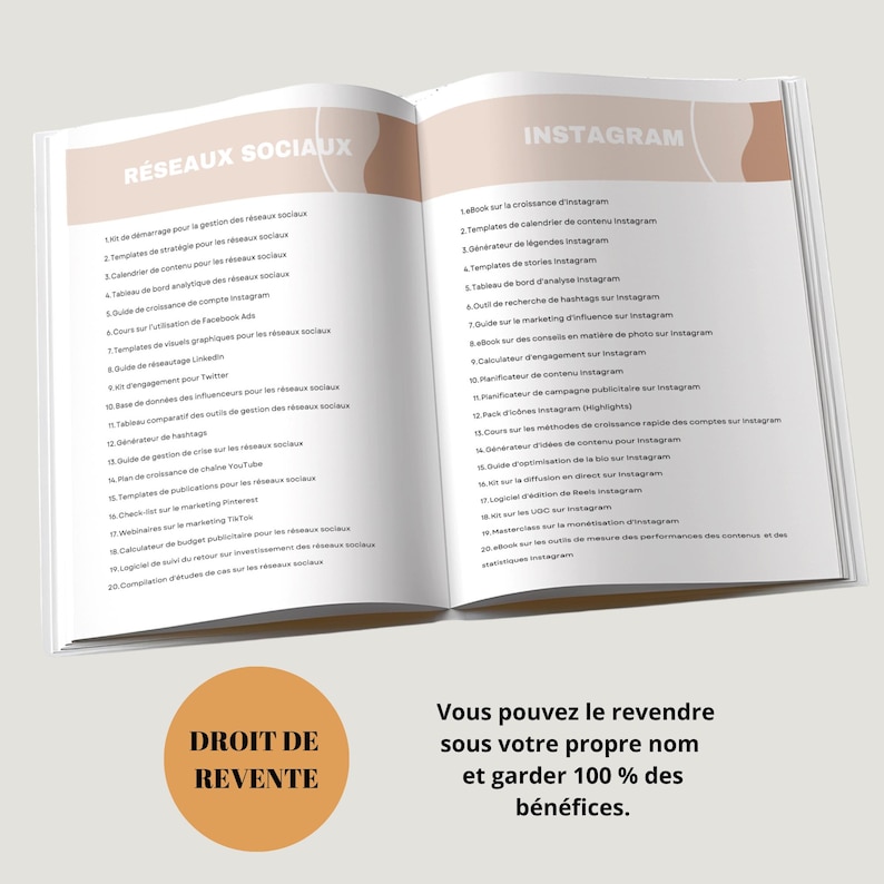 May include: A two-page spread of a guidebook with the title "R&eacute;seaux Sociaux" on the left page and "Instagram" on the right page. The guidebook lists various resources for social media marketing, including templates, checklists, and guides.