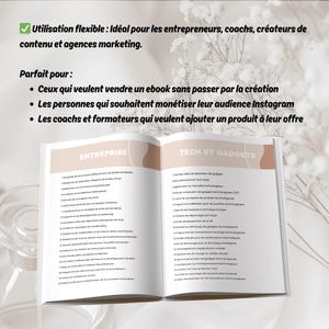 May include: A close-up of two pages from a book titled "Entreprise" and "Tech et Gadgets". The pages list ideas for creating an ebook, monetising an Instagram audience, and adding a product to an offer.