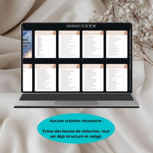 May include: A laptop computer screen displaying a digital planner with a list of prompts for social media content. The text on the screen reads "Aucune cr&eacute;ation n&eacute;cessaire : &Eacute;vitez des heures de r&eacute;daction, tout est d&eacute;j&agrave; structur&eacute; et r&eacute;dig&eacute;."