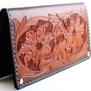 Cartera tradicional de cuero para hombre / Diseño floral Sheridan marrón con rayos de sol / Cartera de cuero labrada a mano / Cartera larga estilo occidental