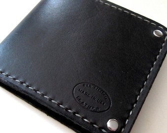 Small Black Wallet / Mens Leather Wallet / Classic Black Bifold / Gift For Husband / Personalized Monogrammed Initials / Biker Wallet