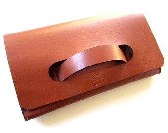 Women's Brown Leather Clutch with Handle Handcrafted