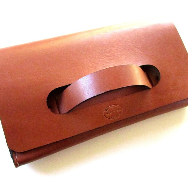 Women's Brown Leather Clutch with Handle Handcrafted