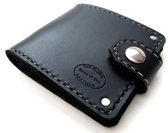 Men's Black Leather Wallet / Bifold with Snap / Small Biker Wallet / Men's Wallet Gift / Personalized Leather Wallet / Motorcycle Wallet