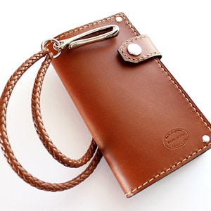Cartera de cuero marrón / Cartera larga para hombre con cierre a presión lateral / Cartera de cuero con cadena