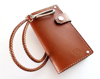 Brown Leather Wallet / Men's Long Wallet with Side Snap / Chain Leather Wallet