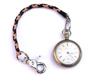 Braided Leather Pocket Watch Chain / Pocket Watch Leather Strap / Pocket Watch Fob with Clip