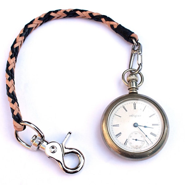 Braided Leather Pocket Watch Chain / Pocket Watch Leather Strap / Pocket Watch Fob with Clip