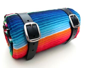 Leather Blanket Roll / Motorcycle Accessories / Hiking Gear / Serape Blanket / Picnic Blanket / Mexican Blanket / Riding Gear / Camping Gear