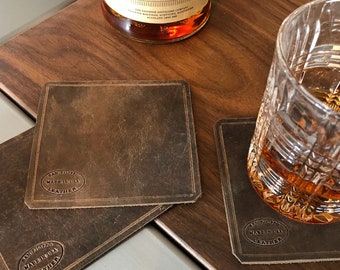 Leather Coasters Set / Drink Coasters / Leather Gifts / Square Coasters / Distressed Brown Leather / Housewarming Gift / Barware