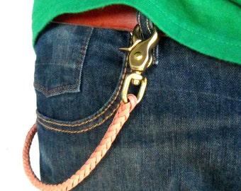 Braided Leather Wallet Chain with Brass Clasp - Mens Key Chain