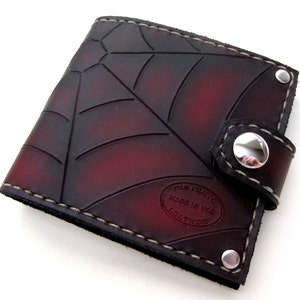Cartera de cuero para hombre con cierre de presión, plegable, con banda web roja y negra, personalizable