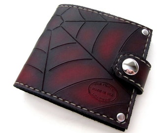 Mens Leather Wallet Red and Black Web Bifold with Snap Can Be Personalized Menswear