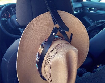 Hat Lasso-Great way to secure hat on a road trip. fits all car seat head rest & all size hats, cowboy hat, mens gift ,saddles, hat rack,