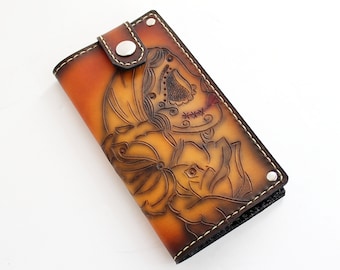 Gypsy Sugar Skull Wallet / Men's Leather Skull Wallet / Dia De Los Muertos / Brown Sunburst / Full Size Biker Wallet